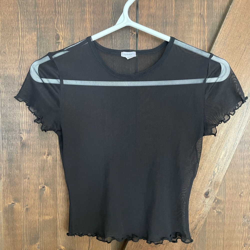 🎉 5/$20 Garage Black Sheer Mesh Baby Tee | Lettuce Hem